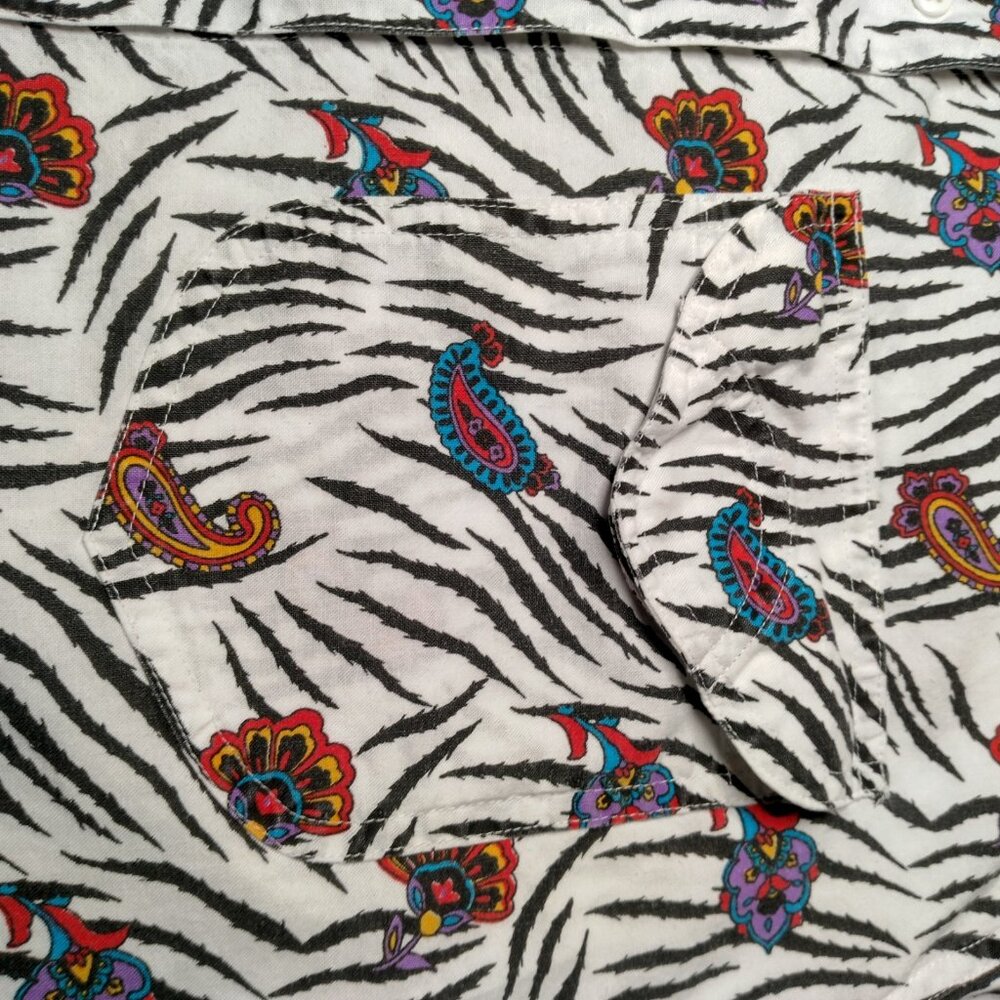 Vintage 1980s Khazana Blouse Shirt Medium Zebra Print Paisley Safari Short Slv - Picture 11 of 13